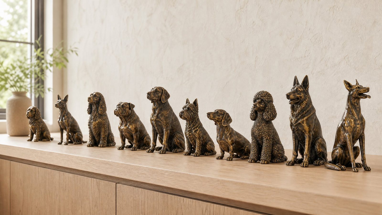 A warm studio interior with finishing tools and bronze dog statues on a workbench
