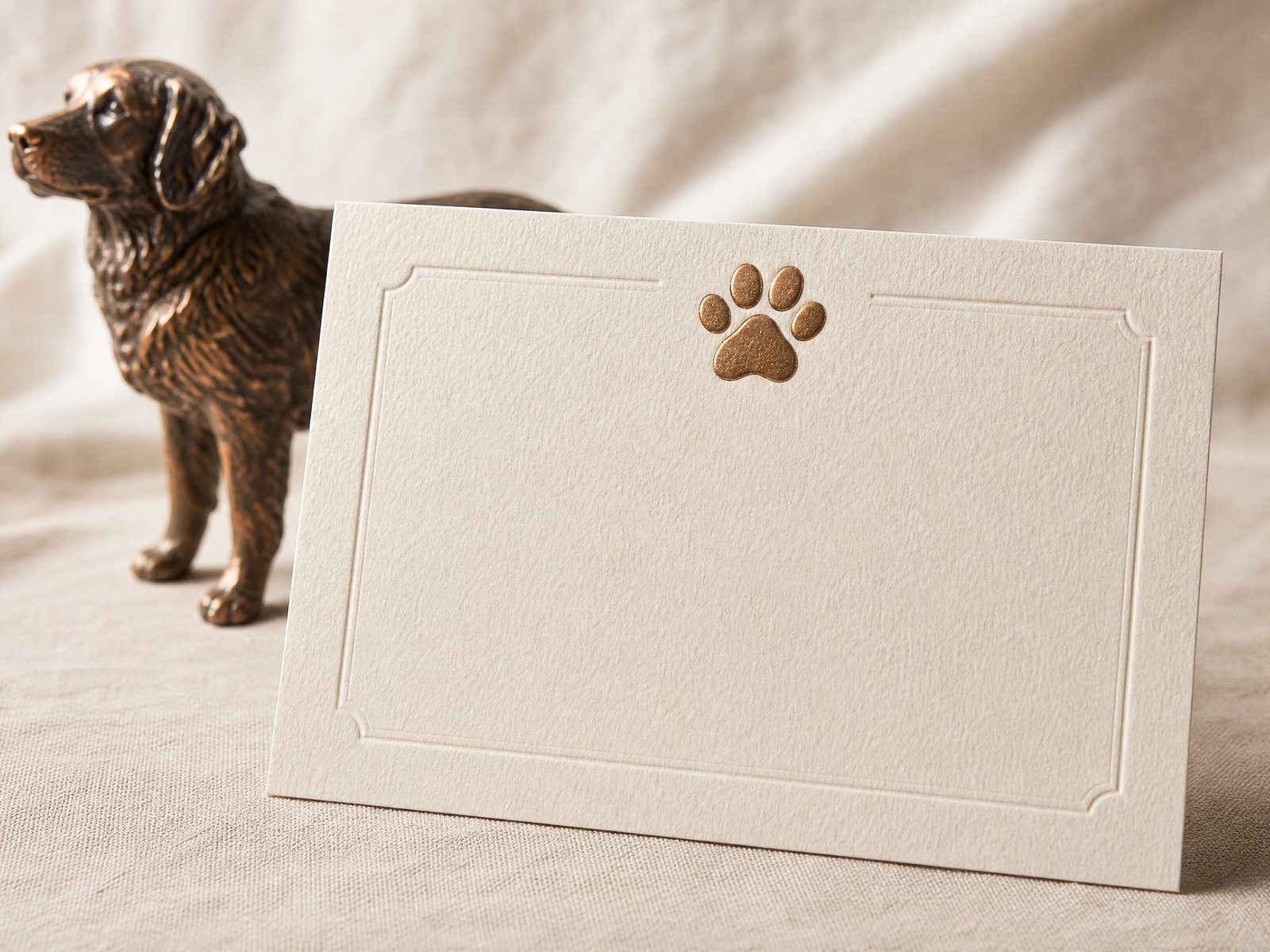 A printed certificate card beside a bronze dog statue
