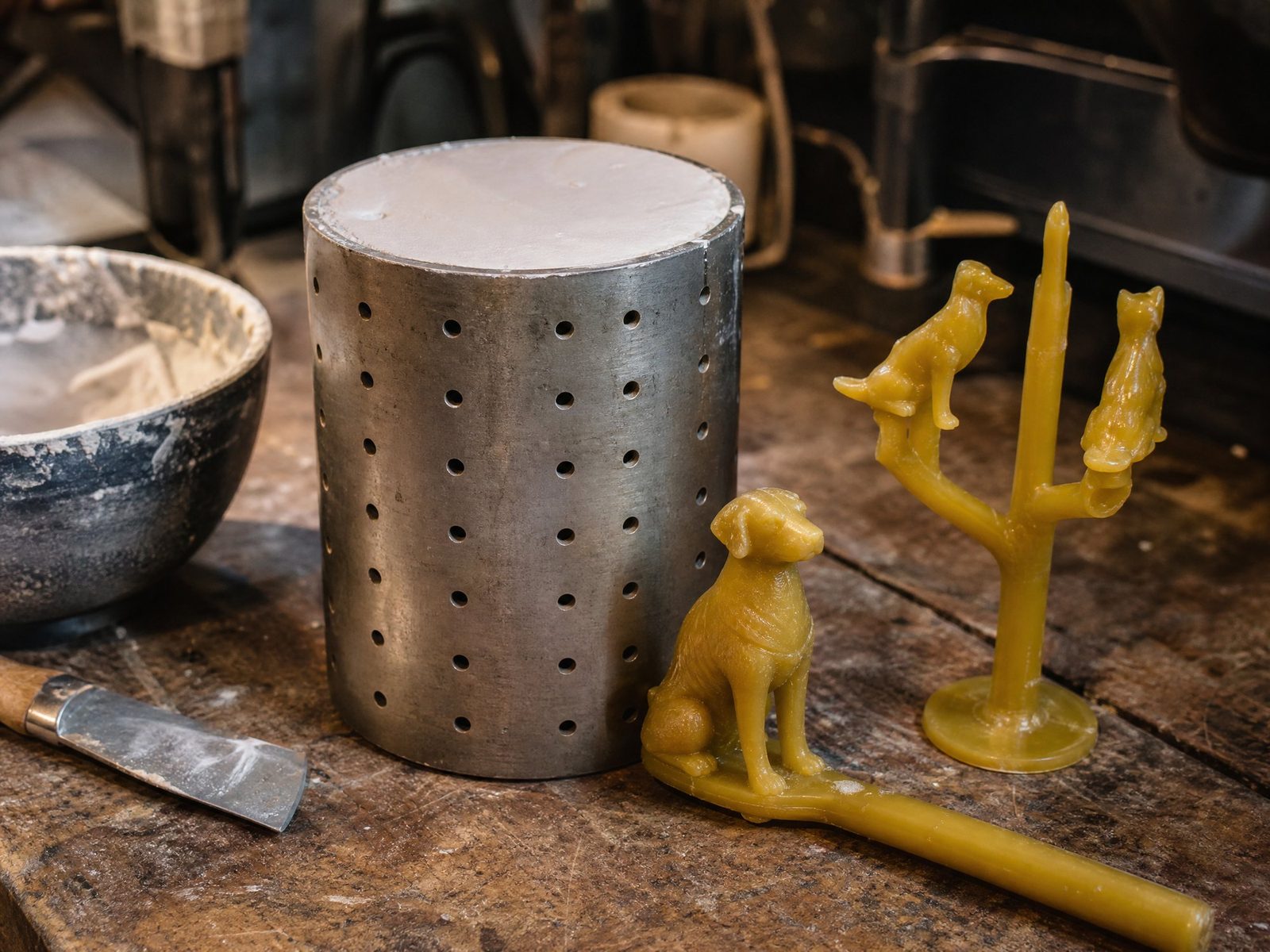 A perforated casting flask packed with plaster investment around a wax sprue tree