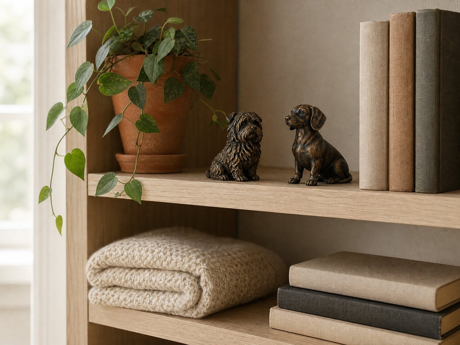 Several bronze dog statues arranged along a bookshelf