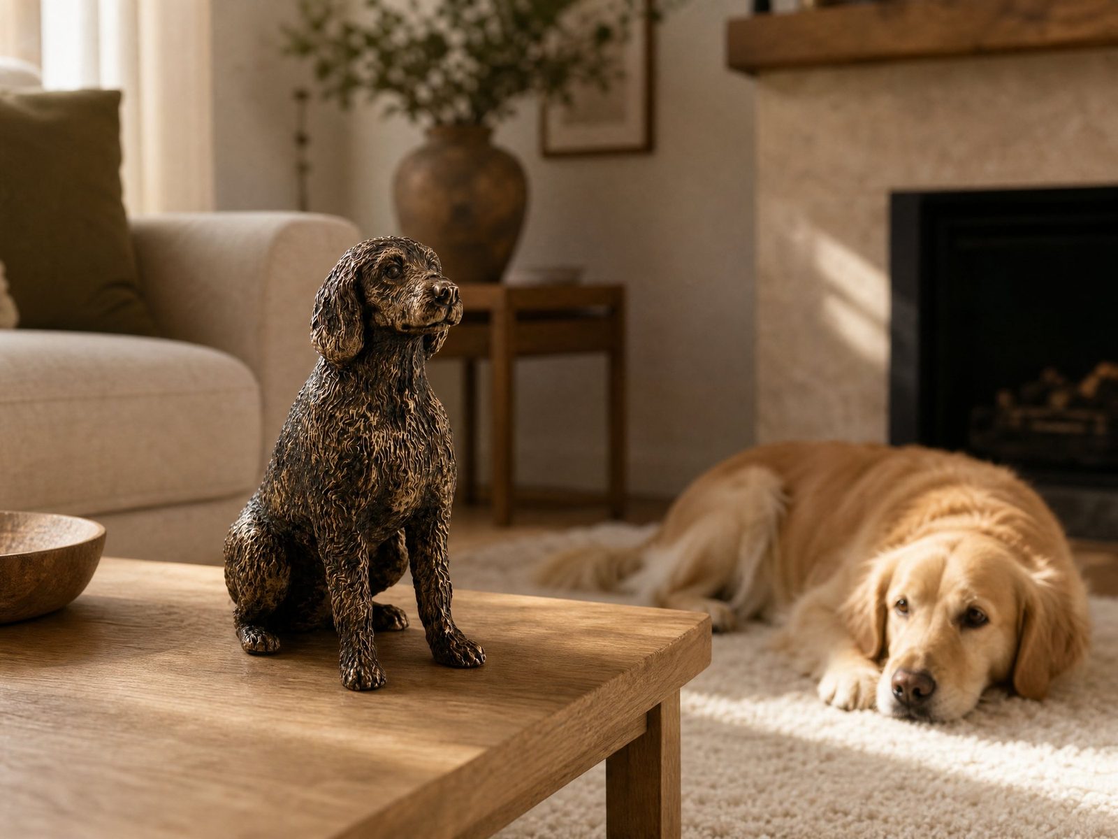 A dog resting on a rug beside a shelf holding a small bronze statue of the same breed