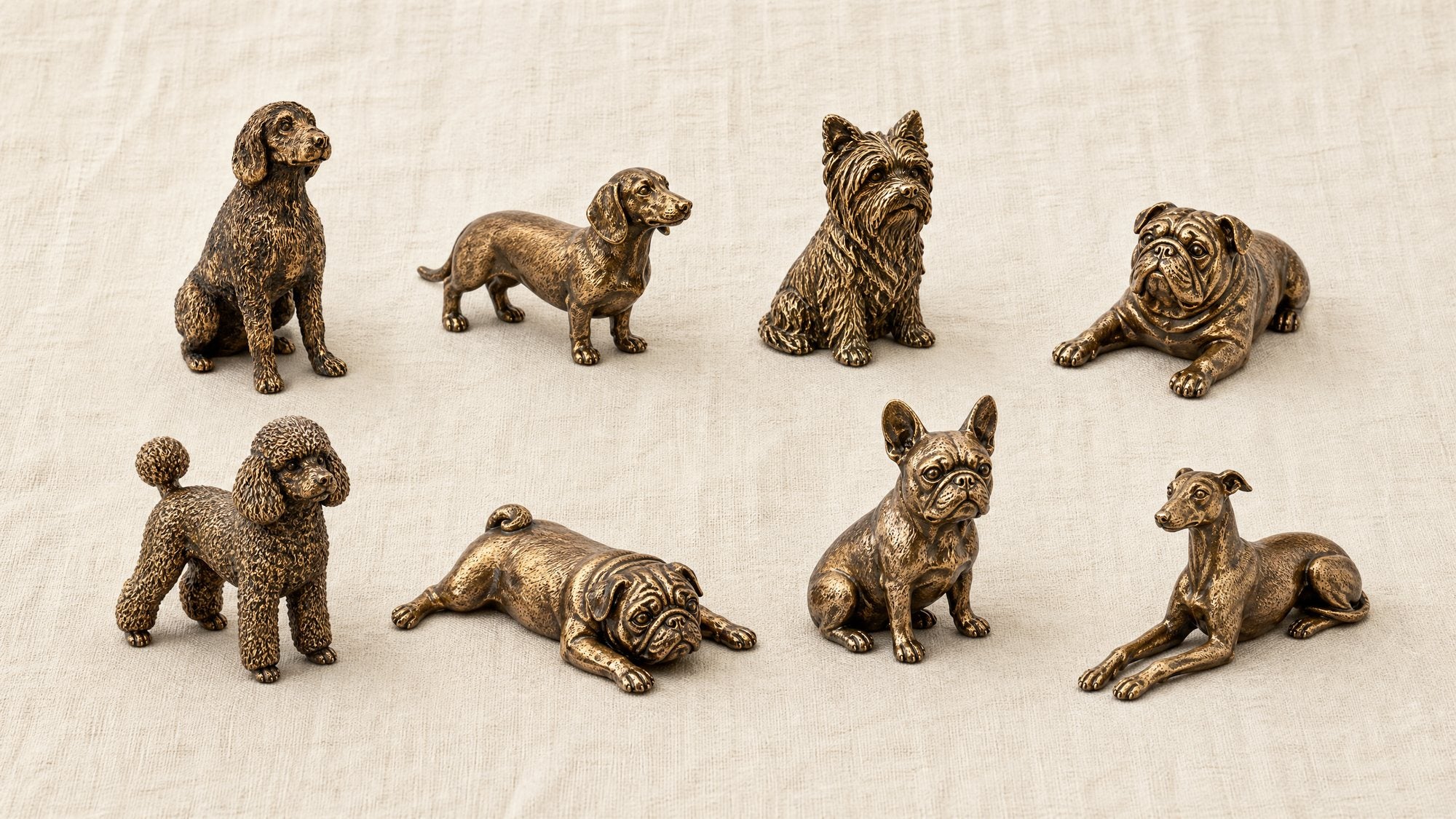 A row of bronze dog statues of different breeds on a warm wooden surface