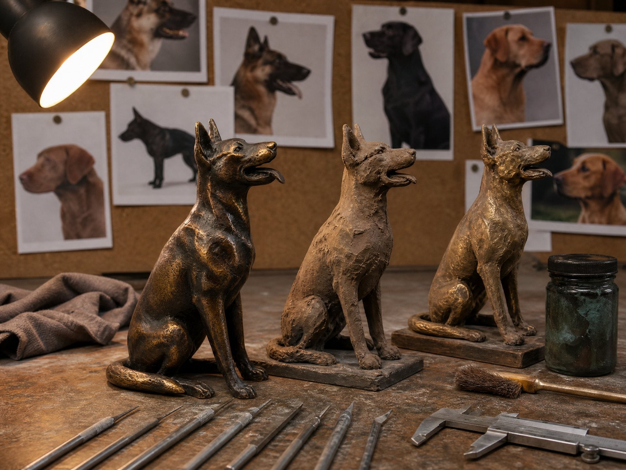 A studio bench with finishing tools and a small bronze dog statue