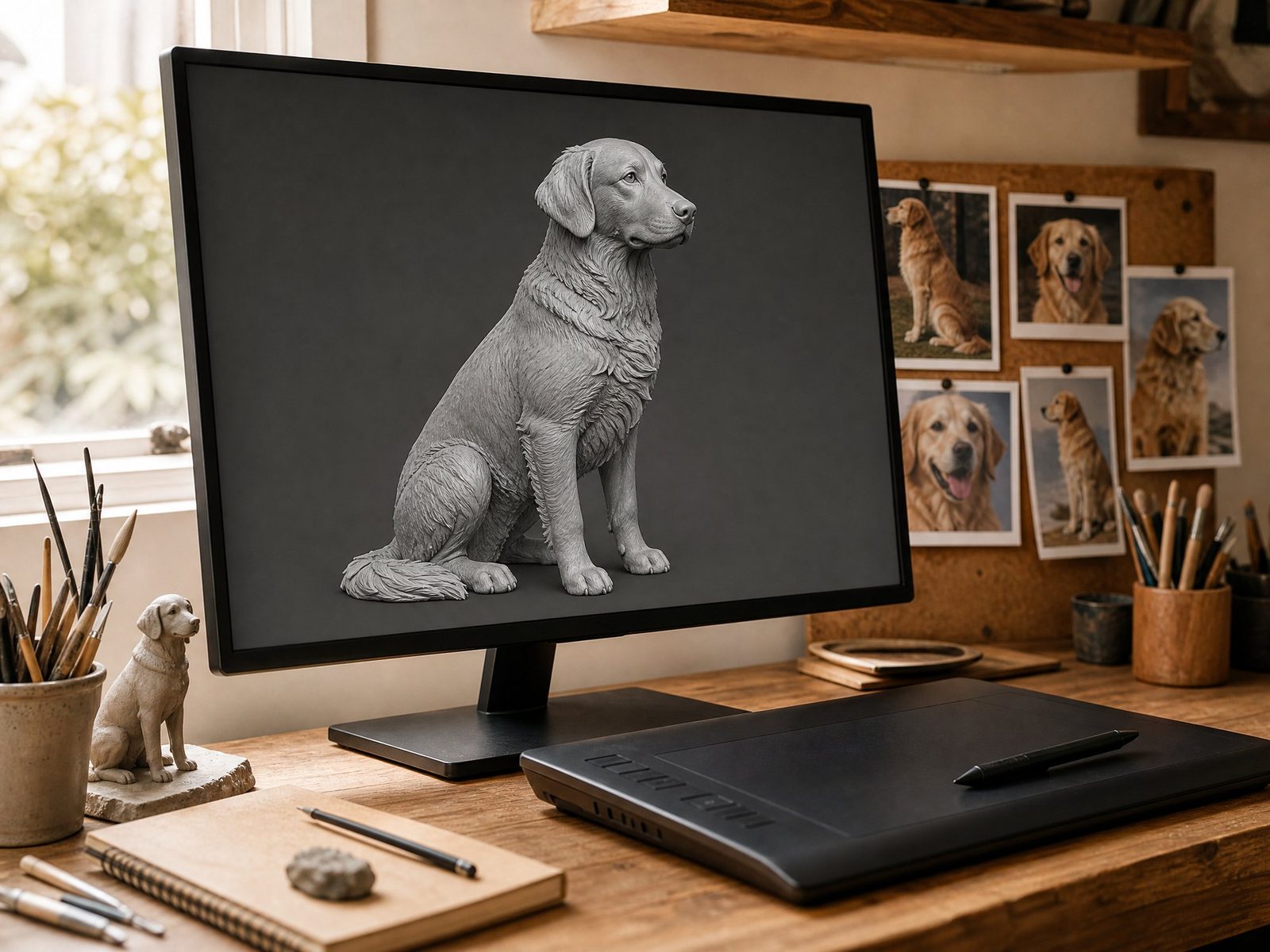 A digital sculpt of a dog being refined on screen beside reference photographs