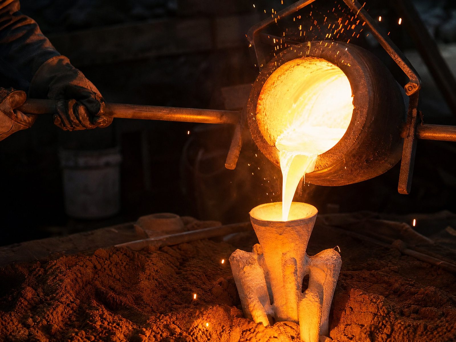 Molten bronze being poured into a casting flask