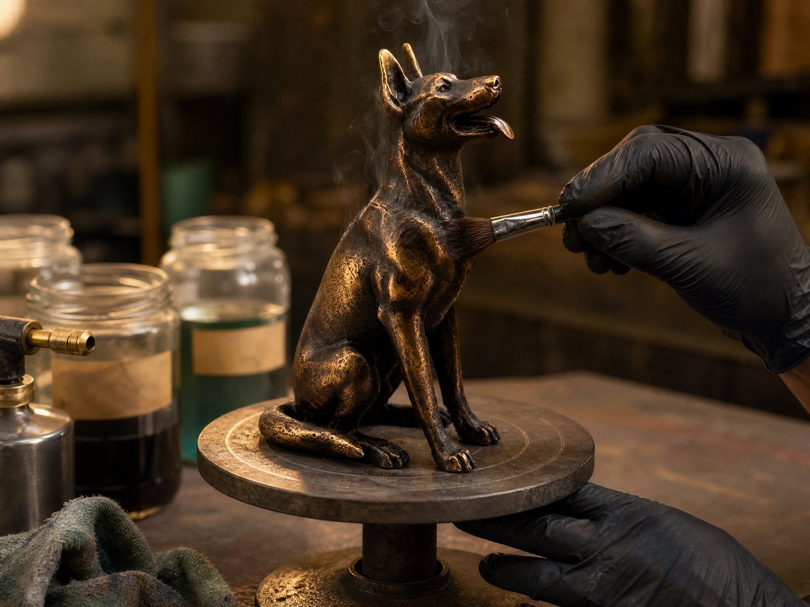 A small bronze dog statue being finished by hand at a bench