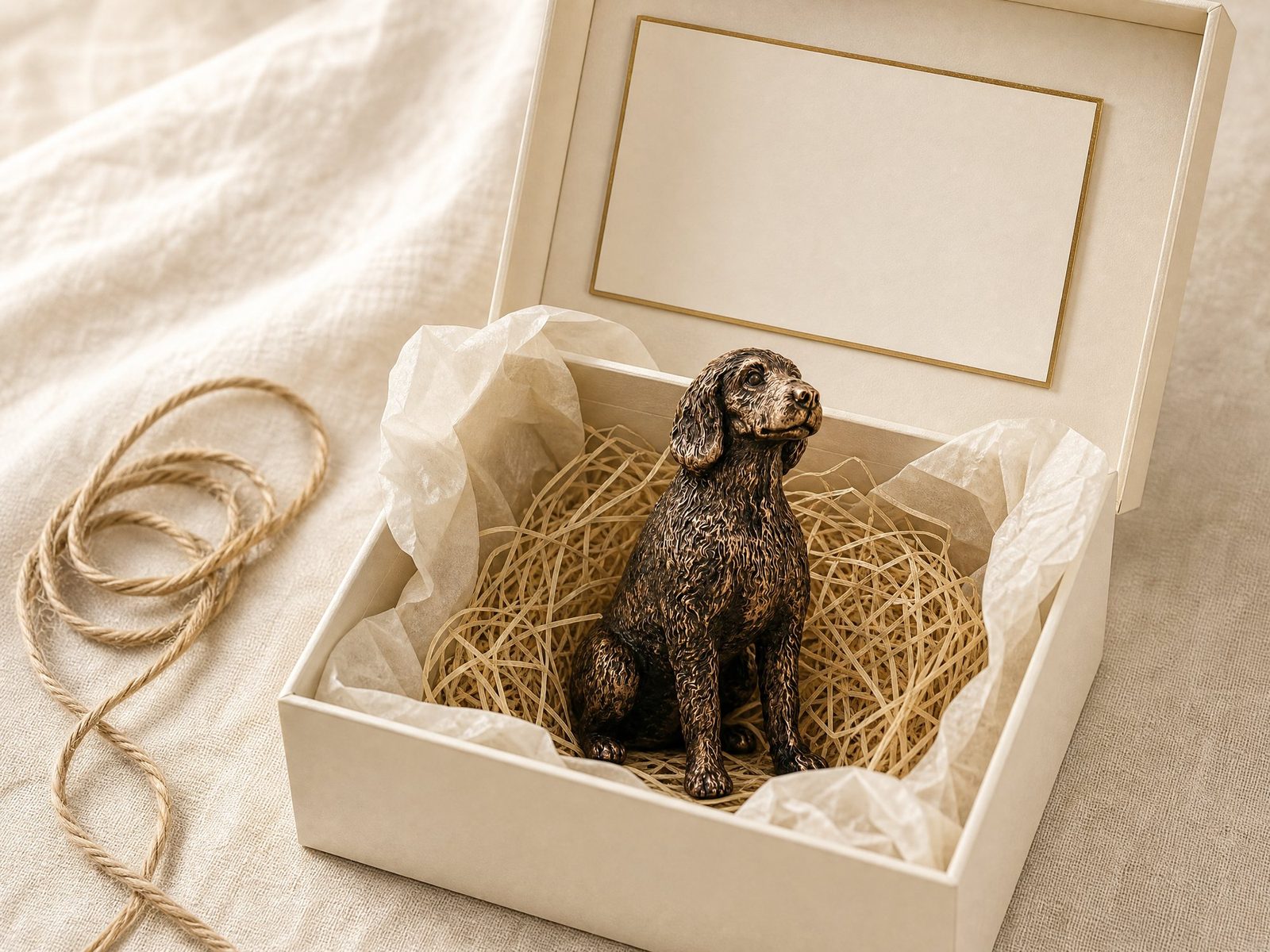 A bronze dog statue in a lined gift box with a certificate card