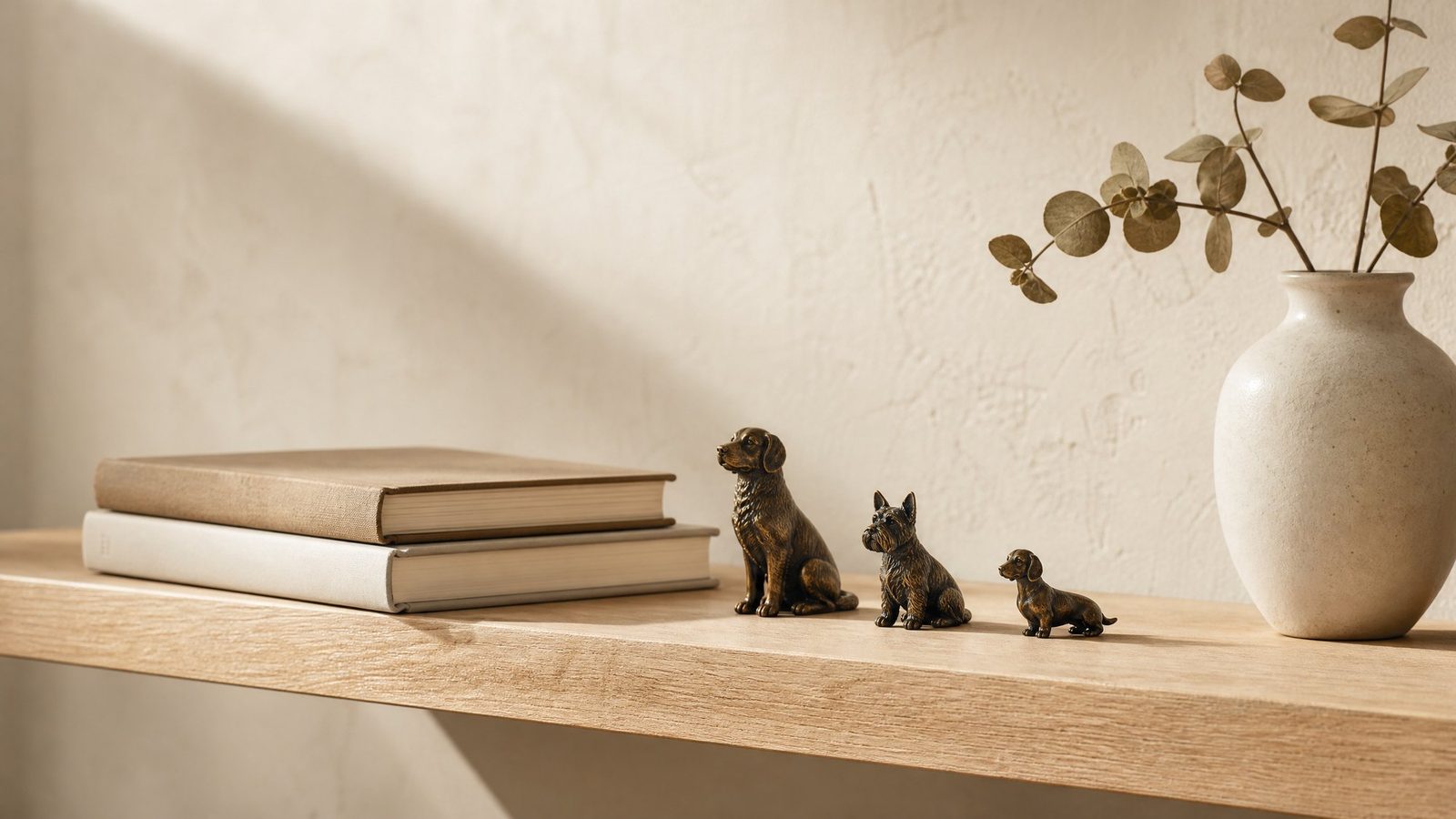 Bronze dog statues arranged on a warm oak shelf beside books in a sunlit living room