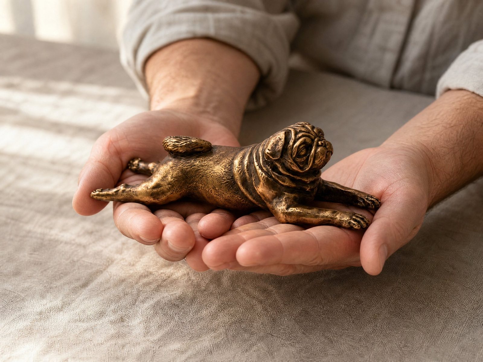 Hands holding a small bronze dog statue in warm light