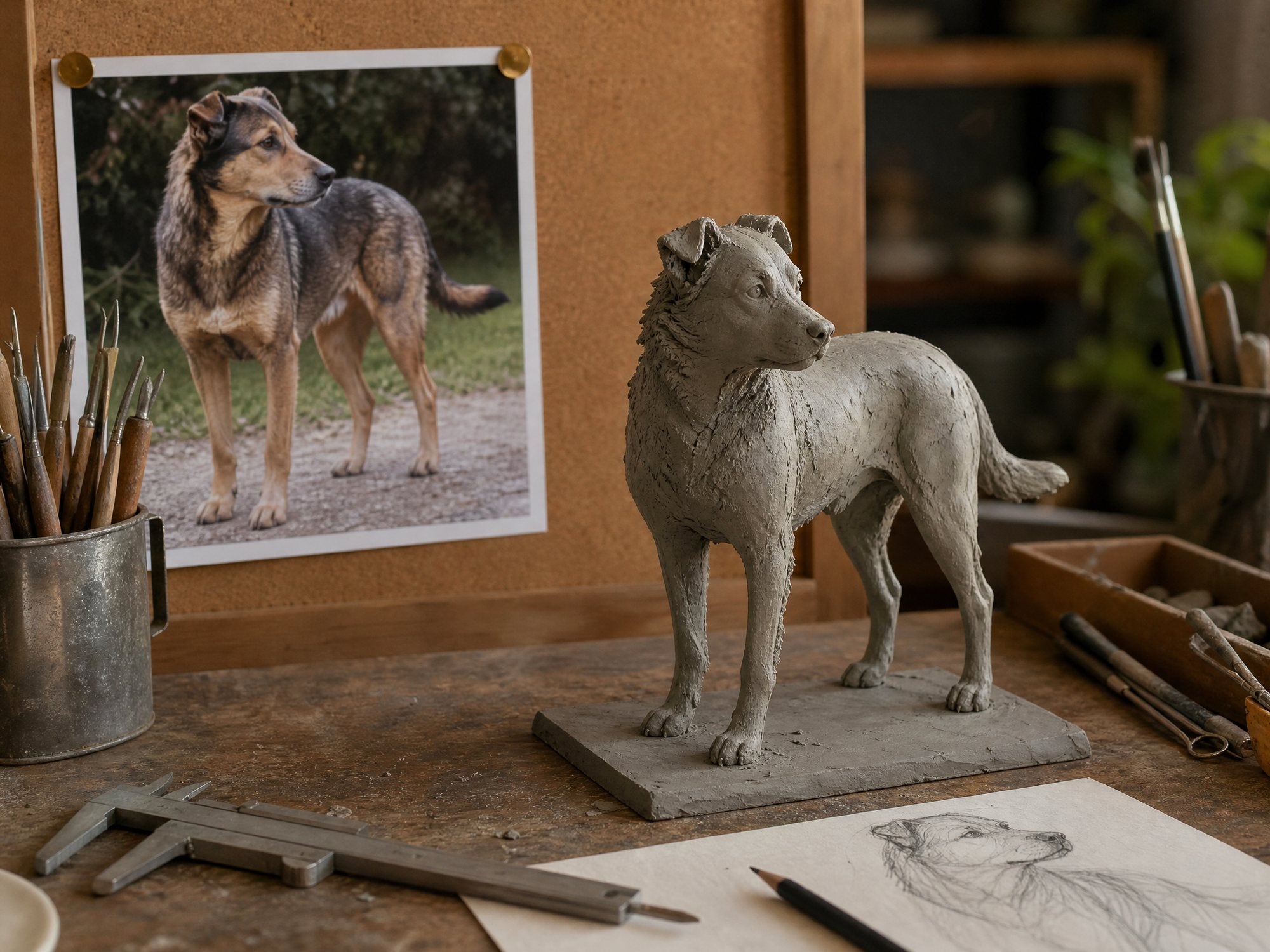 A dog sculpt being compared against reference photographs