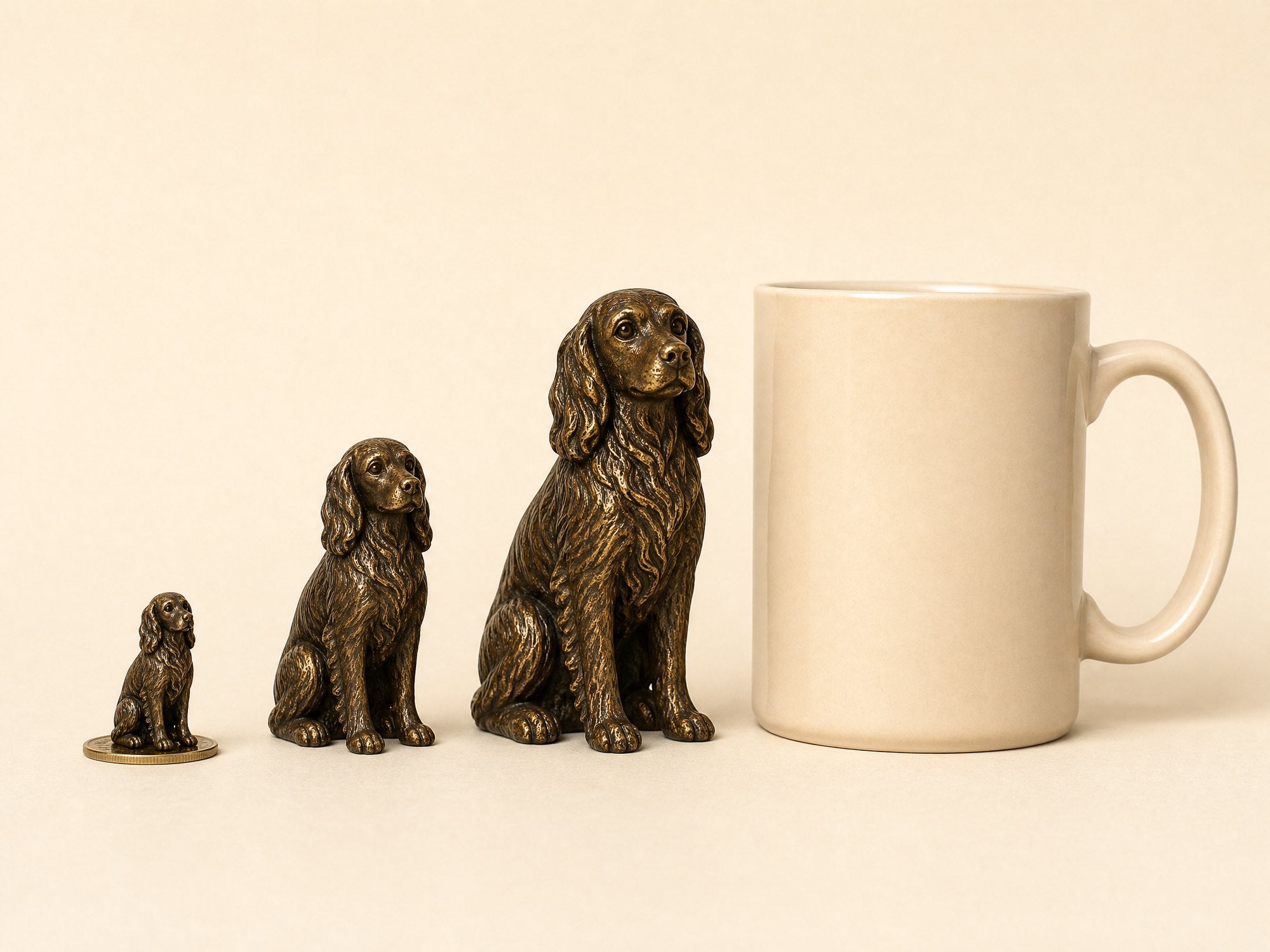 Three sizes of a bronze retriever statue beside a mug for scale